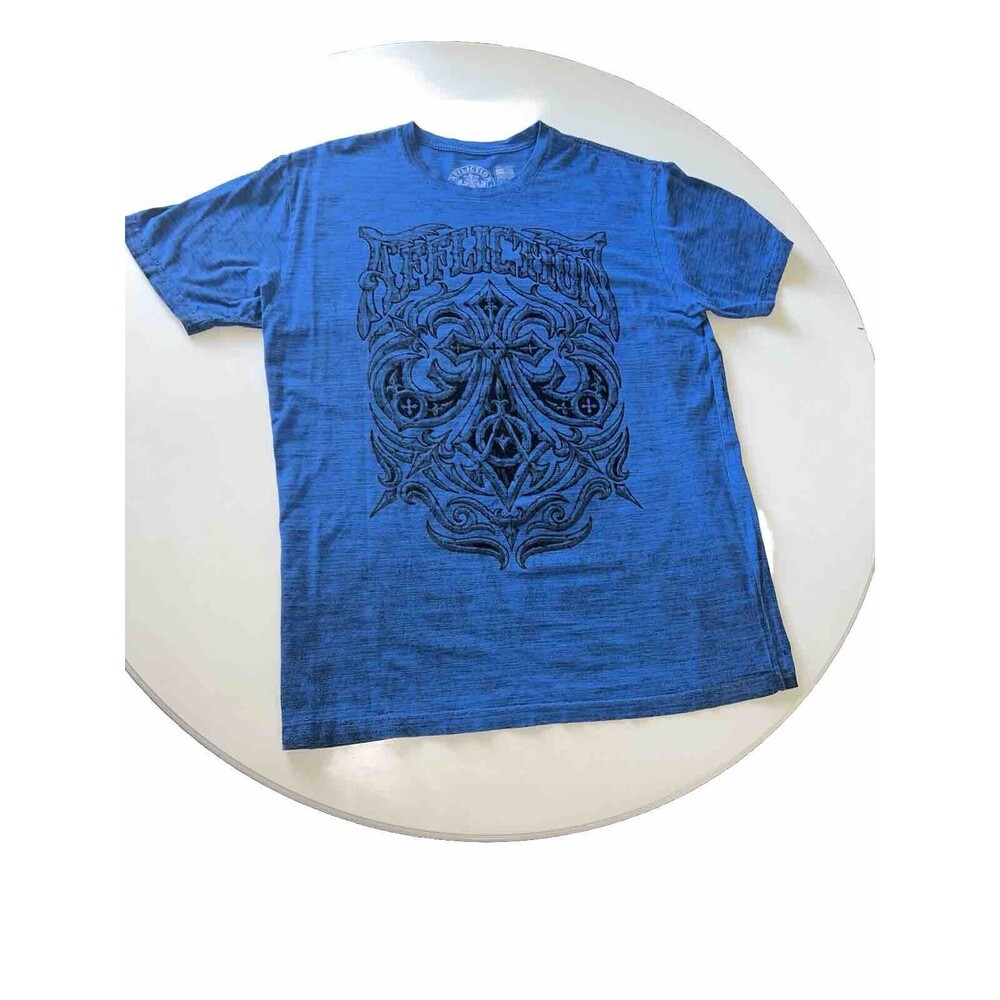 Vintage Y2K Affliction T-shirt Mens Size 2XL Blue Grunge Skater Skull Tribal